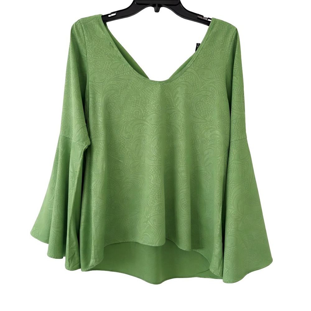VaVa by Joy Han Small Green Paisley Bell Sleeve Blouse Hi-Low Boho Like New